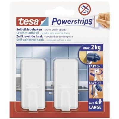 Abbildung von tesa Powerstrips Haken Large CLASSIC, Selbstklebender Wandhaken für Glas, Kacheln, Holz, Kunststoff und andere Untergründe, Weiß