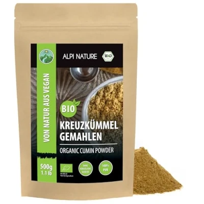 Abbildung von BIO Kreuzkümmel gemahlen (500g), Kreuzkümmelpulver, Kreuzkümmelsamen in Rohkostqualität aus kontrolliert biologischem Anbau, Kreuzkümmelkörner glutenfrei, laktosefrei, laborgeprüft, vegan
