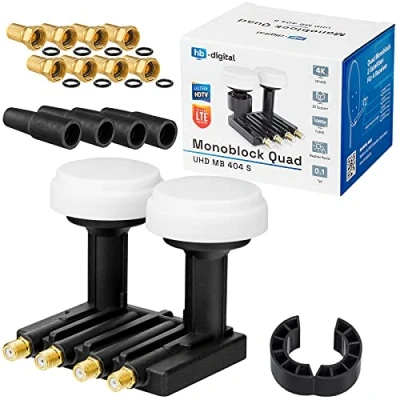 Abbildung von hb digital Monoblock Quad LNB UHD MB 404 S LNC für 4 Teilnehmer/Receiver Direkt &amp; 2 Satelliten: Astra 19,2 Hotbird 13 Full HD TV 3D 4K Schwarz Black + 4X F Stecker vergoldet 2X Gummitüllen
