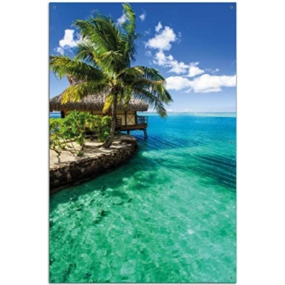 Abbildung von Wallario Outdoor Poster für Garten oder Balkon Karibisches Meer Einsame Hütte unter Palmen, Motivbanner Größe: ca. 60 x 90 cm, Bild