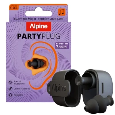 Abbildung von Alpine PartyPlug Gehörschutz Ohrstöpsel für Konzert, Festival, Musik, Party &amp; Disco Neu und Verbessert 19dB Lärmschutz Hohe Musikqualität, Wiederverwendbar, 3 Größen (S/M/L) Schwarz
