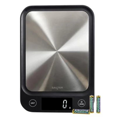 Abbildung von Salter 1068 SSBKDR Digitale Edelstahl Küchenwaage 5kg, Hinzufügen &amp; wiegen, Null /Tara Funktion, misst Flüssigkeiten in ml/fl. OZ, LCD Anzeige, Schwarz, Schlankes Design, Einfache zu Reinigung