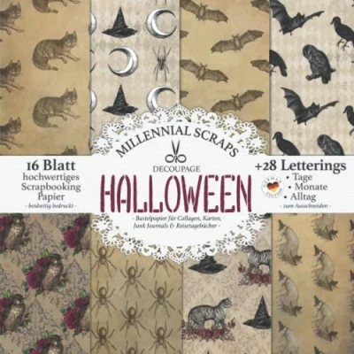 Abbildung von DECOUPAGE HALLOWEEN Bastelpapier für Collagen, Karten, Junk Journals &amp; Reisetagebücher : DIY Papier Zubehör zum Ausschneiden I Mit Letterings Kalender Basteln, Tagebuch Deko Inspo