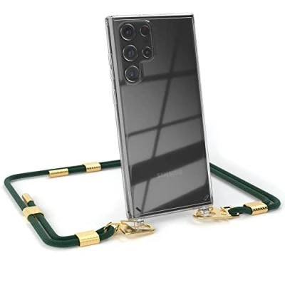 Abbildung von EAZY CASE kombinierbare Handyketten kompatibel mit Samsung Galaxy S22 Ultra 5G, Transparente Silikon Hülle stylischen rundem Umhängeband, Abnehmbarer Karabiner, Wechselgurt, Pinien Grün Gold