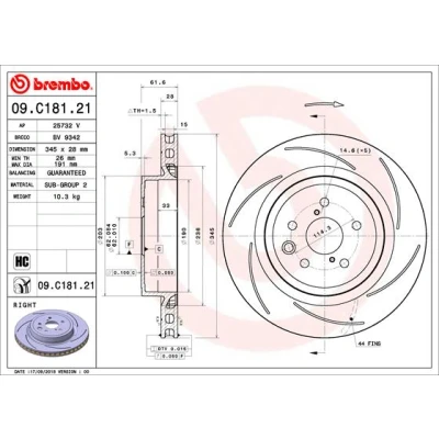 Abbildung von BREMBO 09.C181.21 Bremsscheibe 345 28 5 geschlitzt, innenbelüftet beschichtet hochgekohlt LEXUS: GS IV, RC