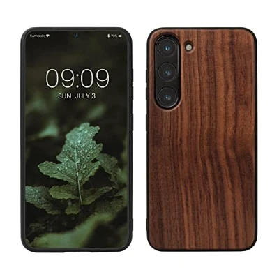 Abbildung von kwmobile Hülle kompatibel mit Samsung Galaxy S23 Holz Case stoßfestes Handy Cover TPU Handyhülle in Dunkelbraun