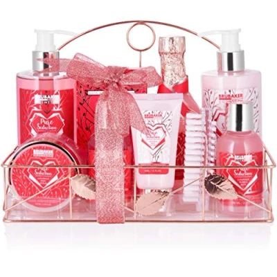 Abbildung von BRUBAKER Hautreinigungs Set Dusch und Badeset mit Himbeer Duft, 10 tlg., Frauen Geschenkset in Badregal Rosé Gold, Damen Pflegeset, Beauty Wellness
