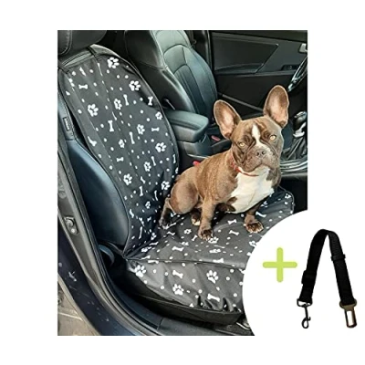 Abbildung von Aves 24 Autositzschoner Hundedecke VORDERSITZE Auto Hund Wasserdicht Decke Vorne Sitzbezug Universal für Haustier mit Sicherheitsgurt (3A. Knochen Schwarz)