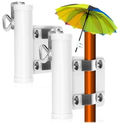 Abbildung von com four® 2X Sonnenschirmhalter für Balkongeländer Sonnenschirm Balkon Halterung Sonnenschirmständer Schirmhalter bis 28 mm Ø, Plattenstärken 30 (02 Stück Griff)