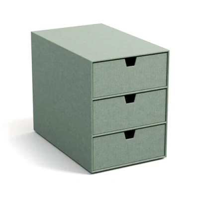 Abbildung von Bigso Box of Sweden INGRID Schubladenbox für Dokumente und Bürobedarf Schreibtisch Organizer mit 3 Schubladen Ablagesystem aus Faserplatte Papier in Leinenoptik mintgrün