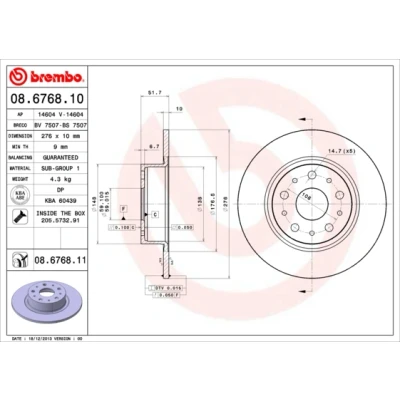Abbildung von BREMBO COATED DISC LINE 08.6768.11 Bremsscheibe 276 10 5 voll beschichtet mit Schrauben ALFA ROMEO: 166, LANCIA: Kappa Limousine