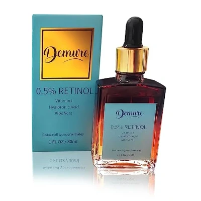 Abbildung von Demure Retinol 0.5% Serum mit Hyaluronsäure, Vitaminen E, Vitamin C und Aloe Vera, gegen Falten, Anti Aging Lift Serum, Für Gesicht, Dekollete, Ausgewogene Formel 30ml