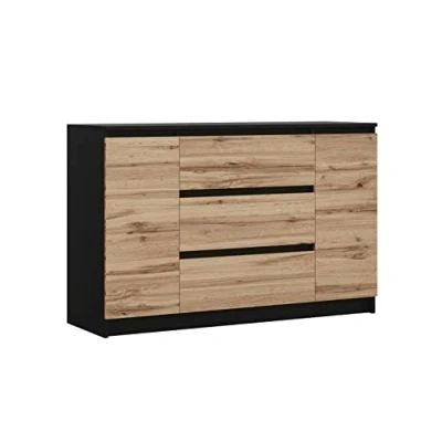 Abbildung von 3E 3xE living.com Komodenschrank mit 2 Türen, 3 Schubladen, Farbe: Schwarz &amp; Wotan Eiche, A: 120 x 79 39 cm, Schubladenkommode,