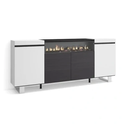 Abbildung von Skraut Home Sideboard, Highboard Kommode, Komodenschrank 200x87x35cm 4 Türen Elektrokamin. Maße Industriedesign Moderner Stil Weiß und Schwarz