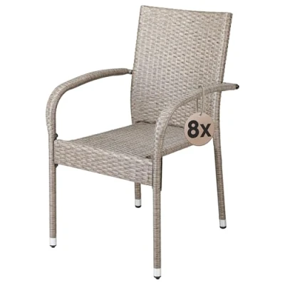 Abbildung von Casaria® Gartenstühle 8er Set Stapelbar Wetterfest Polyrattan Outdoor 160kg Garten Terrasse Balkon Stuhl mit Armlehne Gartensessel Stapelstühle Creme