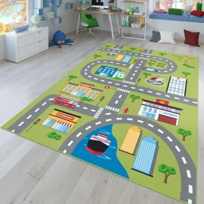 Abbildung von TT Home Kinderzimmerteppich Teppich Junge Mädchen Kinderteppich Baby rutschfest Straße, Farbe:Grün 2, Größe:100x200 cm