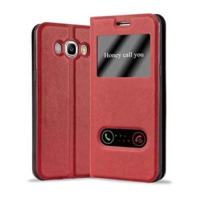 Abbildung von Cadorabo Hülle kompatibel mit Samsung Galaxy J7 2016 Sichtfenster aus Kunst Leder Flip Klappbare Stoßfeste Magnetische [Standfunktion] [Kartenfächern] Cover für Tasche in Rot