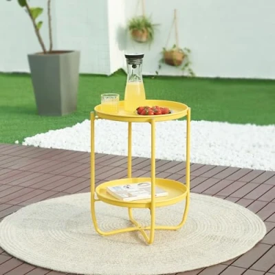Abbildung von [en.casa] Outdoor Beistelltisch Sandefjord Tabletttisch Balkontisch mit 2 abnehmbaren Tabletts Gelb Gartentisch 57,5 x Ø40 cm rund Indoor Metalltisch
