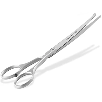 Abbildung von Fellschere aus Solingen Hunde Haarschere Pfotenschere mit einseitiger Mikroverzahnung Made in Germany Hundeschere gebogener Schnittfläche für die Fellpflege von Hunden Katzen Haustieren (16,5 cm)