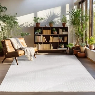 Abbildung von Carpettex Kurzflor Teppich Wohnzimmer Creme Skandinavisch Stil 3D Effekt 160 x 230 cm Waschbarer Schlafzimmer Küchenteppich Boho Muster Weicher Flauschiger