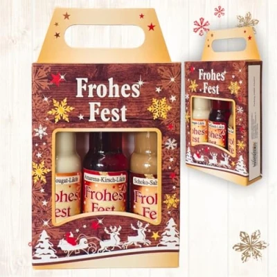 Abbildung von 3er Box Weihnachtsliköre Frohes Fest Nuss Nougat Amarena Kirsch Schoko Sahne Likör Geschenk zu Weihnachten in schöner Geschenkverpackung