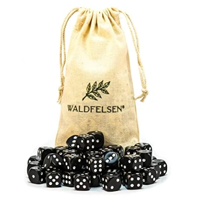 Abbildung von Waldfelsen 6, 12, 20, 30 oder 50 hochqualitative Würfel Standardgröße 16 mm Acrylwürfel Knobel Spielwürfel Dice 6 seitig sechsseitig Spielzubehör Set mit Stoffbeutel (Schwarz, Stück)