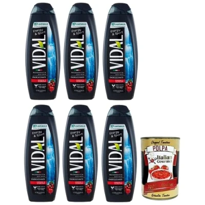 Abbildung von 12x Vidal Energy &amp; Sport Bagnodoccia Duschgel mit Ginseng und Guarana,500ml + Italian Gourmet Polpa di Pomodoro 400g Dose
