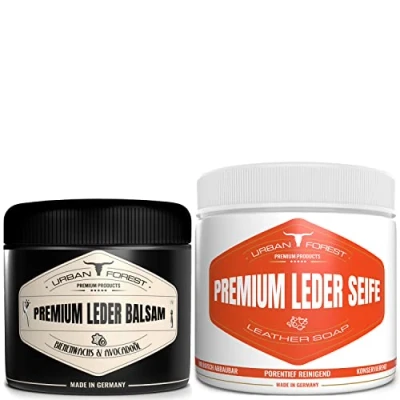 Abbildung von URBAN FOREST Lederseife, Lederbalsam, Lederreinigung für Glattleder Lederreiniger (2 St. Leder Seife 500ml + Balsam 250ml Lederreiniger, Lederreinigung, Ledermöbel, Ledersofa)