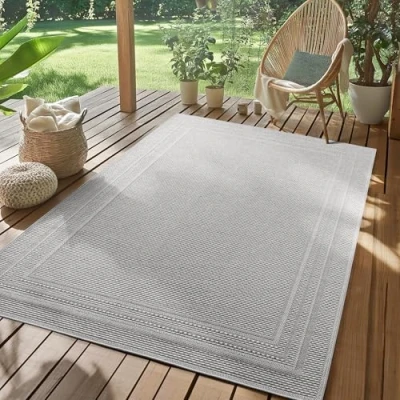 Abbildung von SIMPEX Outdoor Teppich Wetterfest Grau 280x370 cm, UV beständig, ideal für Küche, Balkon, Terrasse, Garten Wohnzimmer Esszimmer, Einfarbiges Design mit Bordüre, Pfelgeleicht