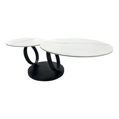 Abbildung von riess ambiente Couchtisch DANCING RINGS weiß/schwarz · runder Keramik Beistelltisch mit 2 Ebenen (Einzelartikel, 1 St), Wohnzimmer Tischplatten Naturstein Design Metall drehbar