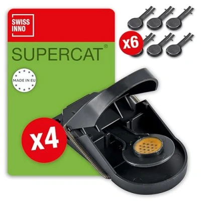 Abbildung von SWISSINNO Mausefalle SuperCat Effizient + Wiederverwendbar mit Erdnussbutter Köder Sofortiges Fangen Töten Verwendung im Innen und Außenbereich 4X Fallen 6X Ködereinlagen