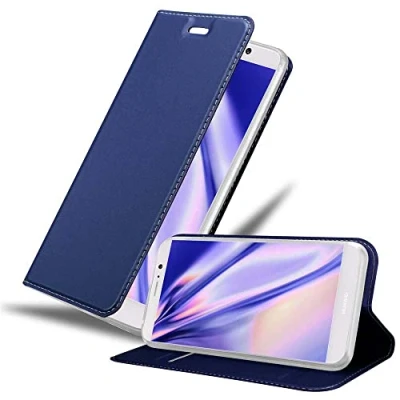 Abbildung von Cadorabo Hülle kompatibel mit Huawei Mate 9 aus Premium Kunst Leder Flip Klappbare Stoßfeste Magnetische [Standfunktion] [Kartenfächern] Cover für Tasche in Blau
