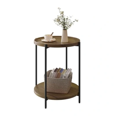 Abbildung von WOLTU Couchtisch rund, Beistelltisch mit 2 Ablagen, Wohnzimmertisch Abnehmbarer Tischplatte, Nachttisch Sofatisch Telefontisch für Wohnzimmer, aus MDF Metall, Vintage Holzmaserung, BTS06hov