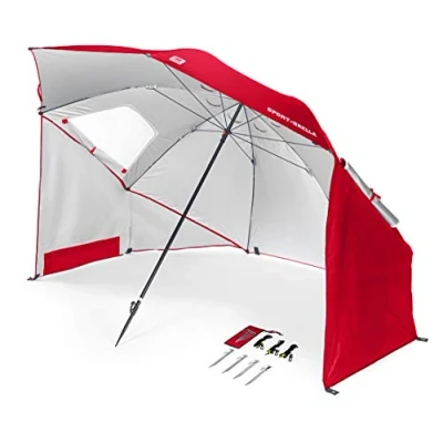 Abbildung von Sport Brella Umbrella Sonnenschirm für Strand und Garten, Robust, Schutz vor Sonne, Regen Wind, Mit Tragetasche, Rot, 54&#039;&#039; / 136cm