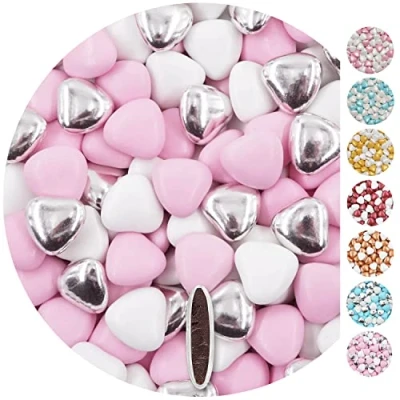 Abbildung von EinsSein 1kg Schokoherzen Dragees Mix medium weiss rosa silber glanz Herz Schokodragees Gastgeschenke Hochzeit Taufe Schokolinsen Hochzeitsmandeln Candy Bar Süssigkeiten Nikah Sekeri mini Herzdragees