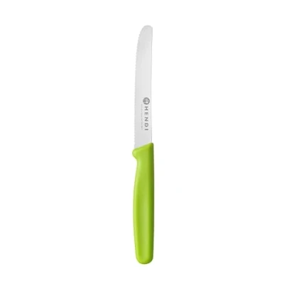 Abbildung von HENDI Universalmesser, für den Einsatz in der Küche, gezackte Klinge, Küchenmesser, Schälmesser, Kochmesser, Klingenlänge: 112mm, 210x20x(H)10mm, X50CrMoV15 Edelstahl, Polypropylen, grün