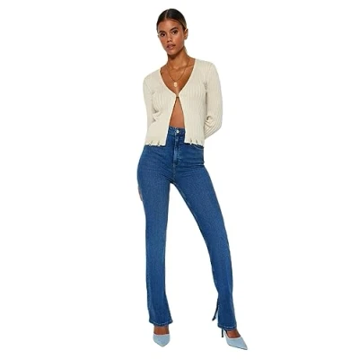 Abbildung von TRENDYOL Damen Herren Hoher Bund Flared Jeans, Dunkelblau, 40