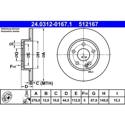 Abbildung von ATE PowerDisc 24.0312 0167.1 Bremsscheibe 276,0 12,0 5 112,0 voll beschichtet legiert/hochgekohlt mit Schrauben MERCEDES BENZ: A Klasse