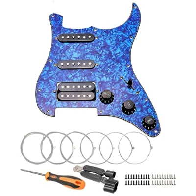Abbildung von Unxuey Schlagbrett für E Gitarre, 3 lagig, SSH beladen, vorverdrahtet, Humbucker Schlagbrett, Schlagplatte Set Blue Pearl, mit Alnico Tonabnehmern, Gitarrensaiten und Montagewerkzeug