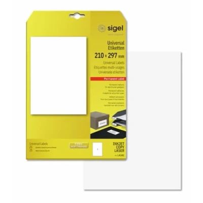 Abbildung von SIGEL LA181 Universal Etiketten selbstklebend, bedruckbar, weiß, 210 x 297 mm (A4), 25 = Blatt