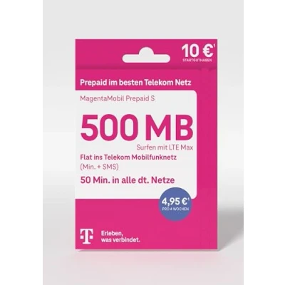 Abbildung von Telekom MagentaMobil Prepaid S SIM Karte ohne Vertragsbindung I inkl. 500 MB &amp; Flat (Min, SMS) ins Mobilfunknetz EU Roaming Surfen mit LTE Max 10 EUR Startguthaben