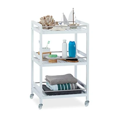 Abbildung von Relaxdays, HBT: 76,5x46x38 cm, weiß Servierwagen Bambus, 3 Ablagen, 360 drehbare Rollen, Edelstahl Stangen, Küchenwagen
