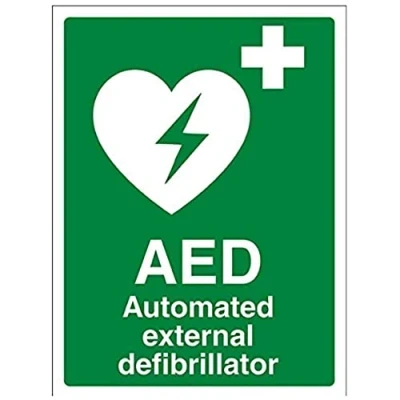 Abbildung von vsafety 31033 an s &quot;AED Automatiesierter Externer Defibrillator&quot; Erste Hilfe Allgemeine Zeichen, selbstklebend, Hochformat, 150 mm x 200 mm, grün