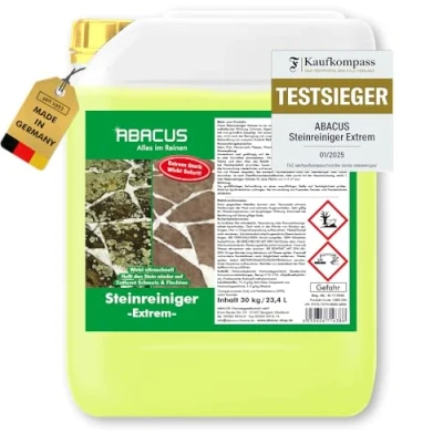 Abbildung von ABACUS® Steinreiniger Extrem, intensiver für außen mit Sofortwirkung, entfernt sofort Schmutz, Grünbelag, Flechten &amp; Algen auf und Stein in Minuten, Intensiv 30 kg
