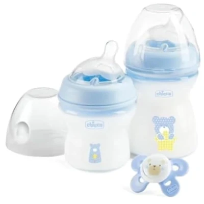 Abbildung von Chicco NaturalFeeling Set Anti Colic Flasche und Schnuller, 0 Monate, 150 ml, weiches Silikon Doppelventil, gegen Koliken, natürliche Fütterung gemischtes Stillen, Blau