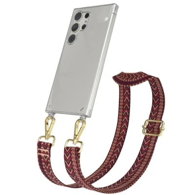 Abbildung von EAZY CASE Handykette mit verstellbarem Trageriemen kompatibel Samsung Galaxy S24 Ultra Taschengurt transparenter Handyhülle für Hülle Schulterriemen in Rot Braun Gold