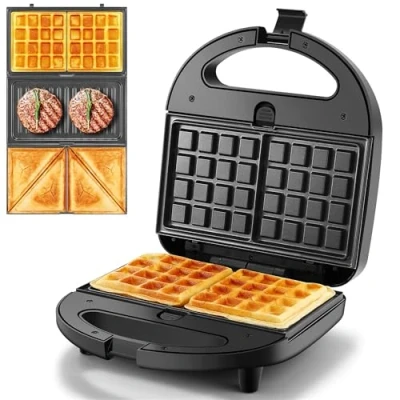 Abbildung von YASHE Multifunktionsgerät 3 in 1,Sandwichmaker,Sandwichtoaster, Kontaktgrill, Waffeleisen,Panini Maschine,Antihaftbeschichtete abnehmbare Platten,750 W,LED Anzeigen, BPA frei, Schwarz