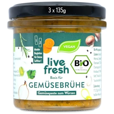 Abbildung von LiveFresh Bio Gemüsebrühe 3 x 135g vegane Brühe zur Unterstützung während der Saftkur Natürliche Alternative für 81 Portionen