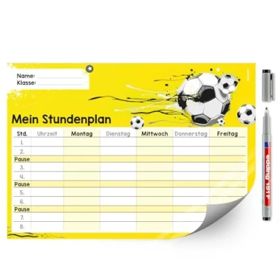 Abbildung von Fußball Stundenplan abwischbar I DIN A4 Rückseite selbstklebend Jungen Jungs schwarz gelb weiß mit Stift dv646