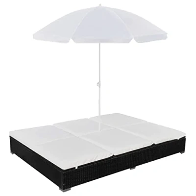 Abbildung von vidaXL Sonnenliege mit Schirm Gartenliege Gartenmöbel Liege Strandliege Relaxliege Freizeitliege Liegestuhl Rattanmöbel Poly Rattan Schwarz